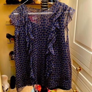 Ellie Tahari sleeveless silk top with ruffle trim. Size L.